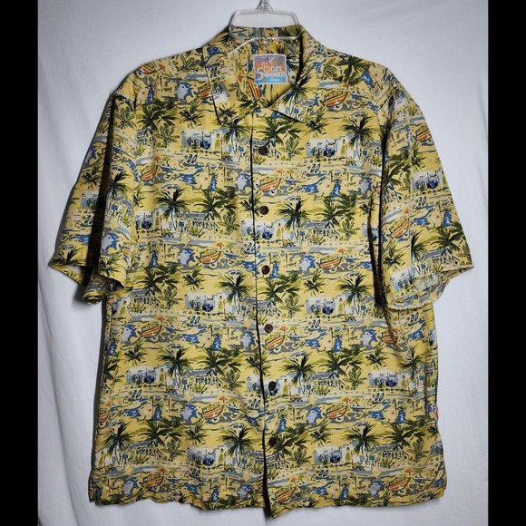 It's 5 O'Clock Somewhere Mens Silk Hawaiian Button Shirt Large Yellow Tropical - Picture 1 of 12